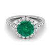 14K White Gold Round Brilliant Emerald Petite Halo French Diamond Pave Engagement Ring -3/8ctw