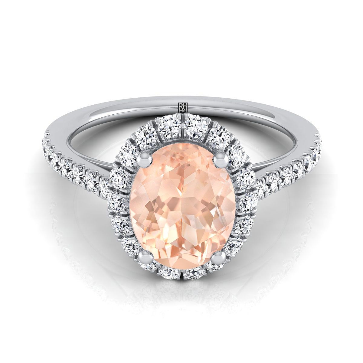 แหวนหมั้นเพชร Pave รูปไข่ Morganite Petite Halo ทองคำขาว 18K -3 / 8ctw