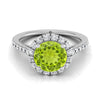 แหวนแพลตตินัมทรงกลมสดใส Peridot Petite Halo แหวนหมั้นเพชรฝรั่งเศส Pave -3/8ctw