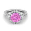 14K สีขาวทองรอบ Brilliant Pink Sapphire Petite Halo เพชรฝรั่งเศส Pave แหวนหมั้น -3/8ctw