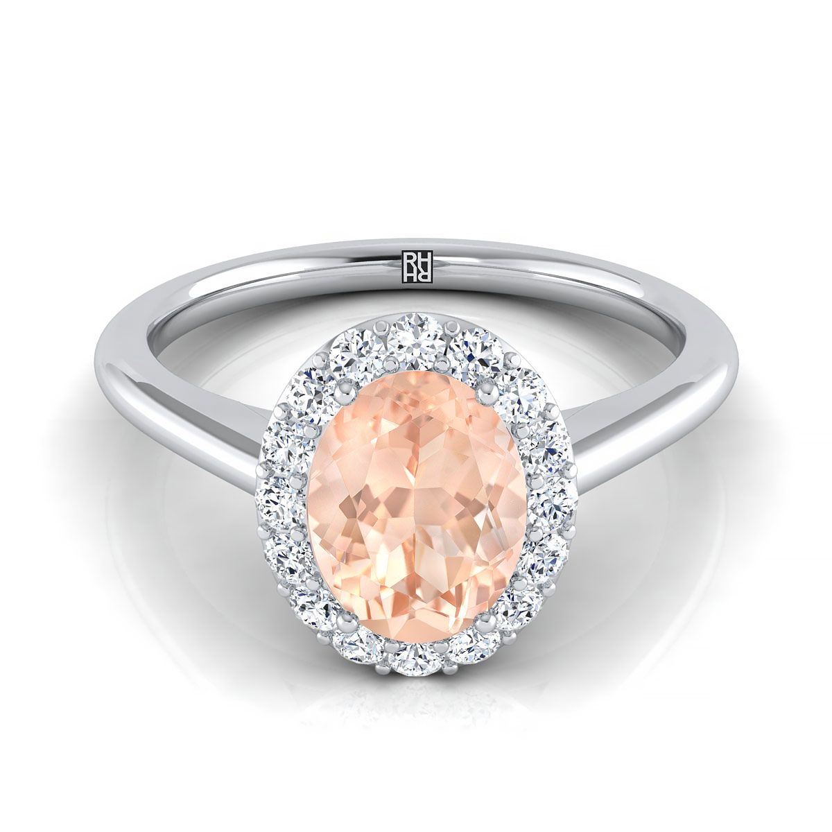 18K White Gold Oval Morganite Shared Prong Diamond Halo Engagement Ring -1/5ctw