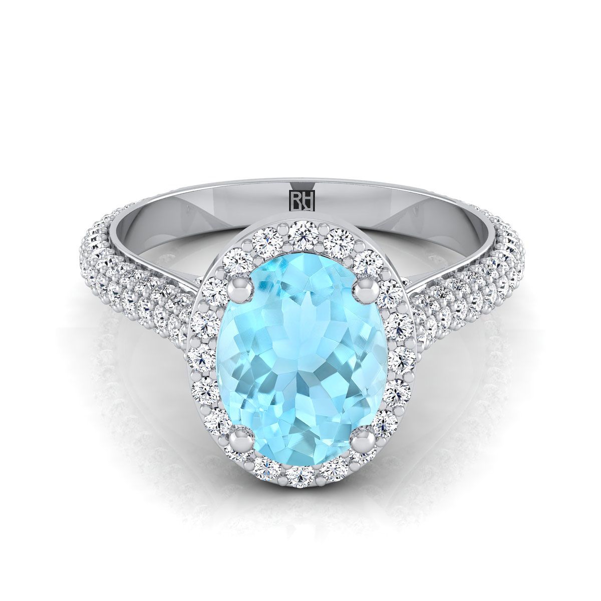 14K ทองคำขาวรูปไข่ Aquamarine Micro-Pavé Halo พร้อมแหวนหมั้นเพชรด้านข้างปู -7/8ctw