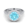 ทองคำขาว 18K ทรงกลมสดใส Aquamarine Micro-Pavé Halo พร้อมแหวนหมั้นเพชรด้านข้างแบบปู -7/8ctw