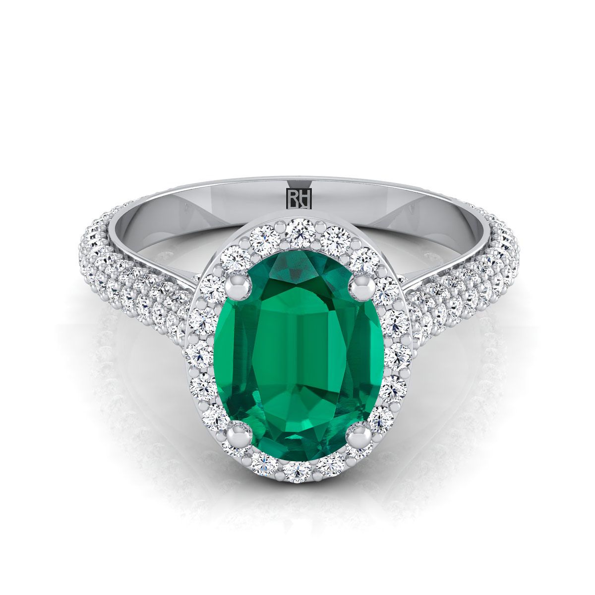 แพลตตินัมรูปไข่มรกต Micro-Pavé Halo พร้อมแหวนหมั้นเพชรด้านข้างปู -7/8ctw