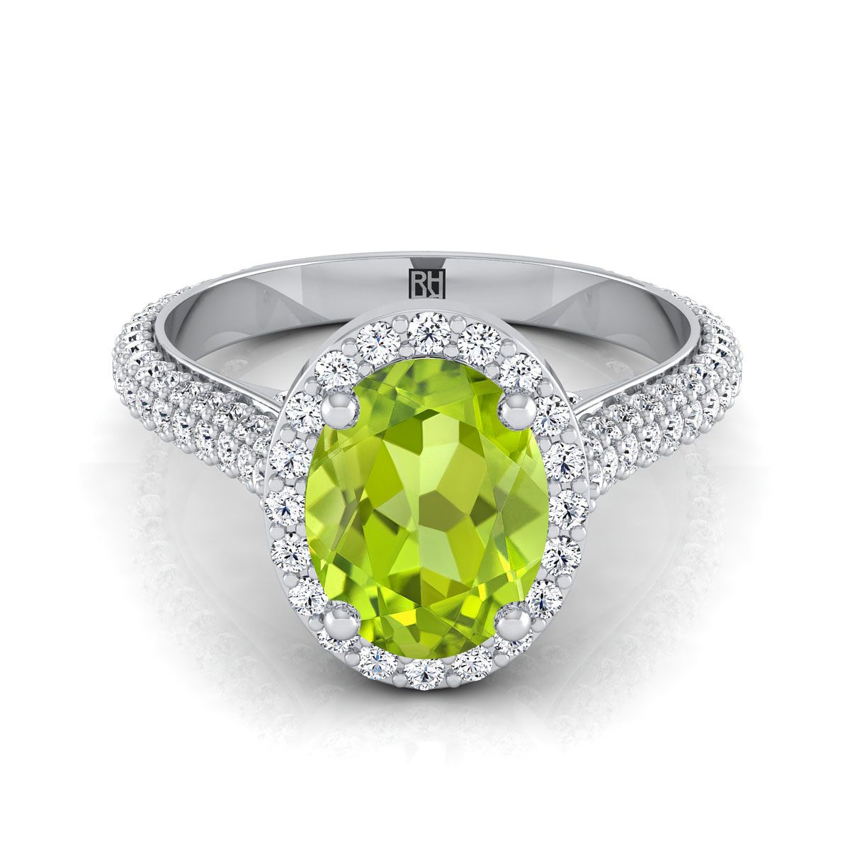 14K ทองคำขาวรูปไข่ Peridot Micro-Pavé Halo พร้อมแหวนหมั้นเพชรด้านข้างปู -7/8ctw