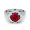 14K White Gold Round Brilliant Ruby Micro-Pavé Halo With Pave Side Diamond Engagement Ring -7/8ctw