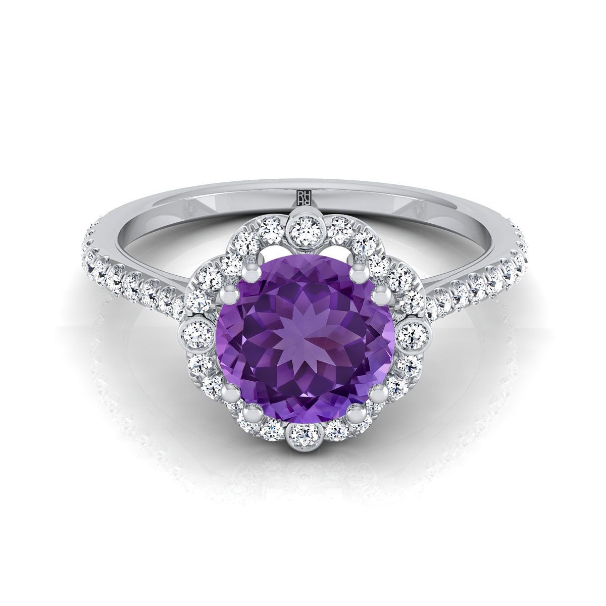 18K สีขาวทอง Round Brilliant Amethyst หรูหราเพชร Halo Vintage แรงบันดาลใจแหวนหมั้น -1/4ctw