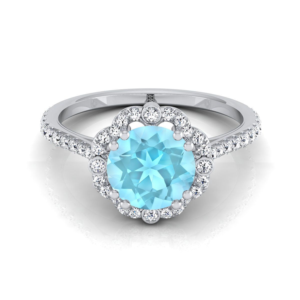 14K White Gold Round Brilliant Aquamarine Ornate Diamond Halo Vintage Inspired Engagement Ring -1/4ctw