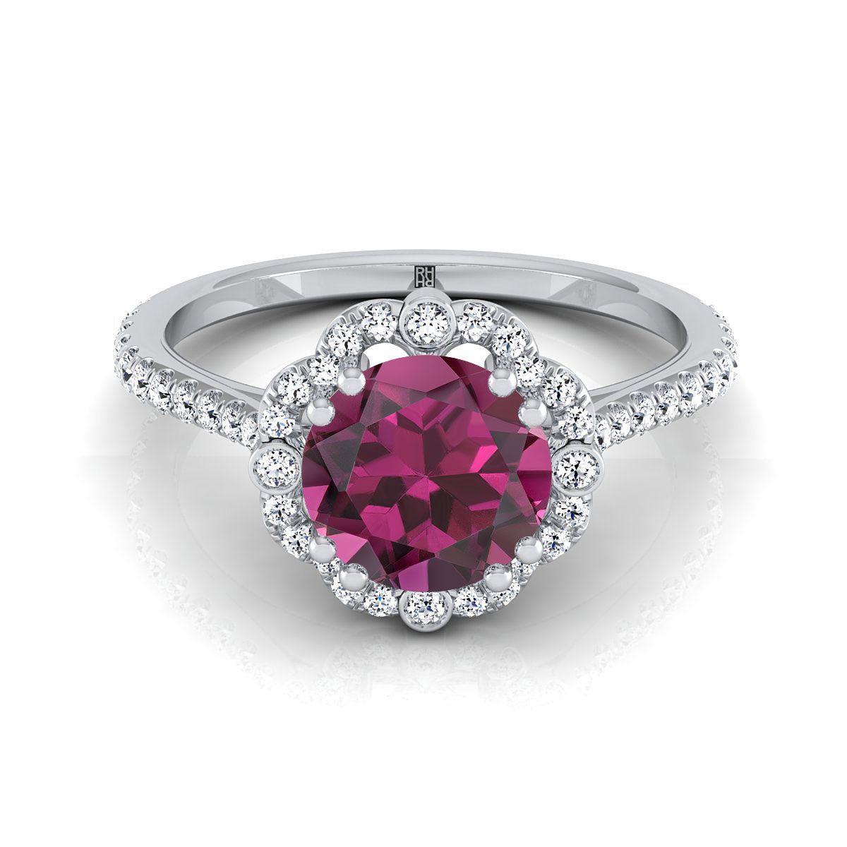 18K White Gold Round Brilliant Antique Delicate Beaded Floral Halo and Leaf Engagement Ring -3/8ctw