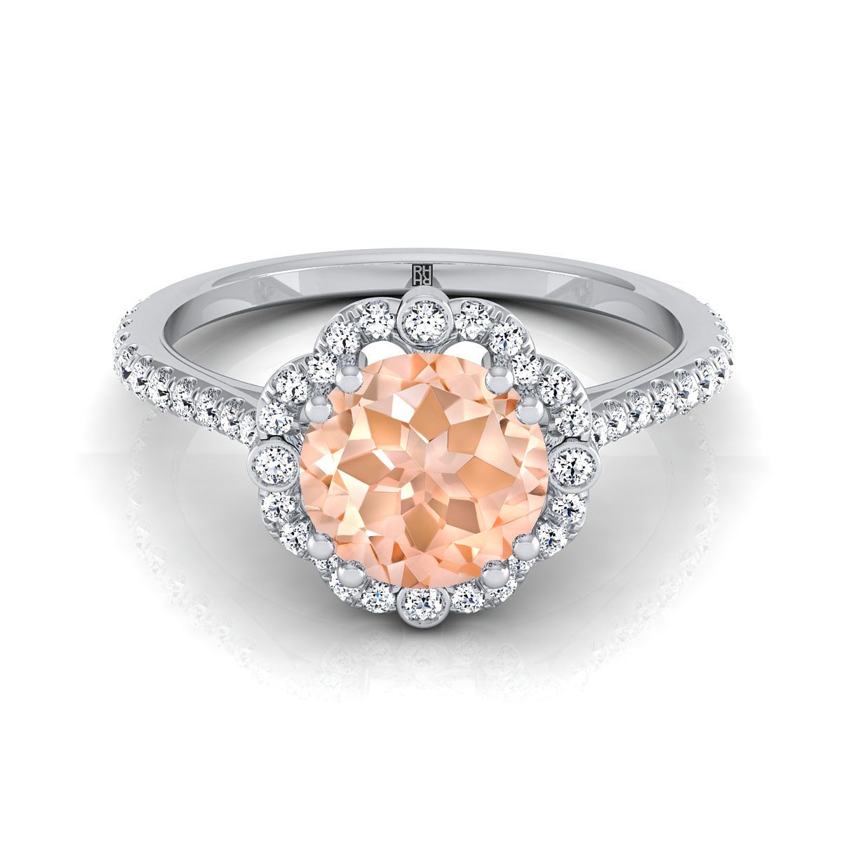 Platinum Round Brilliant Antique Delicate Beaded Floral Halo and Leaf Engagement Ring -3/8ctw