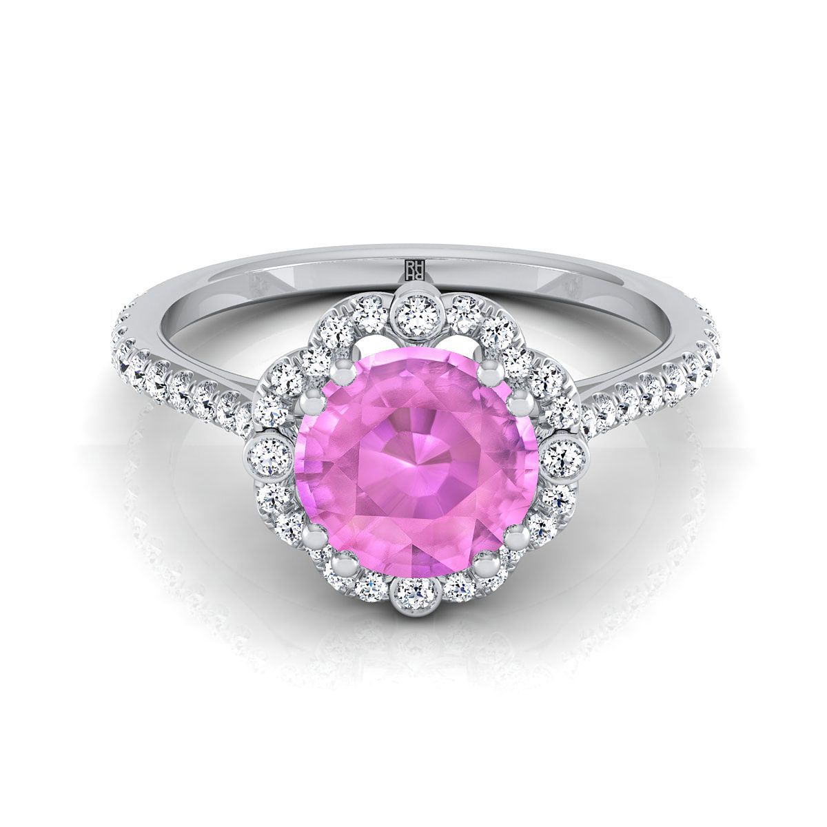 14K White Gold Round Brilliant Pink Sapphire Ornate Diamond Halo Vintage Inspired Engagement Ring -1/3ctw