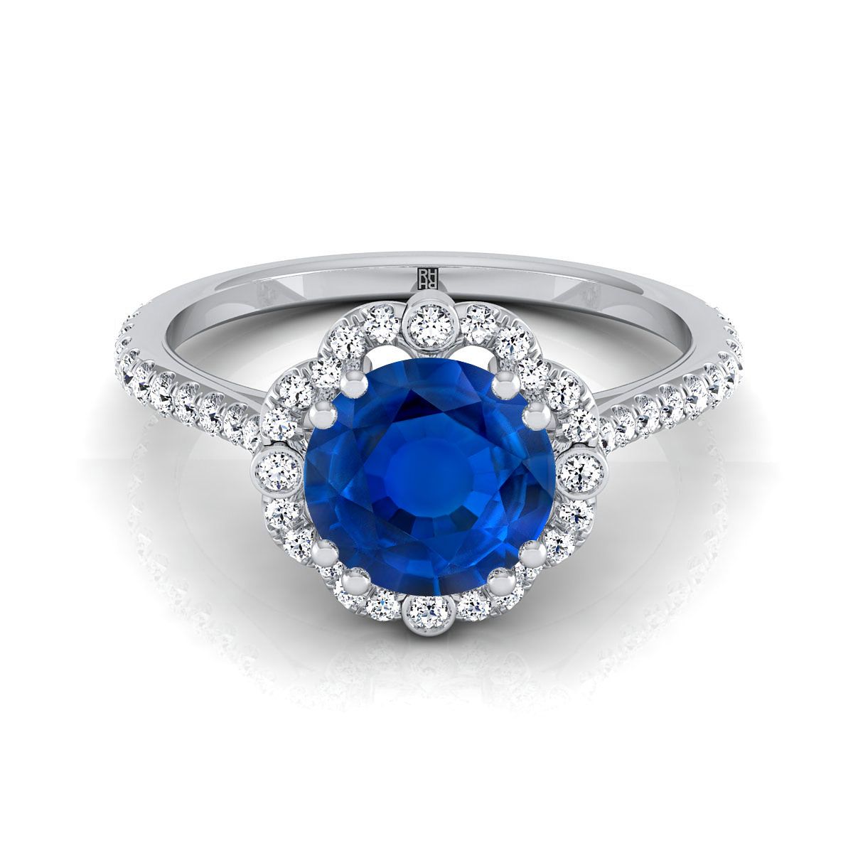 18K White Gold Round Brilliant Antique Delicate Beaded Floral Halo and Leaf Engagement Ring -3/8ctw