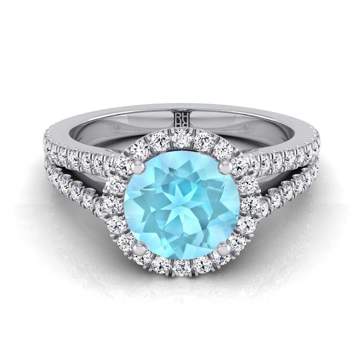 Platinum Round Brilliant Aquamarine Halo Center with French Pave Split Shank Engagement Ring -3/8ctw