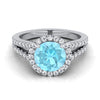 14K สีขาวทอง Round Brilliant Aquamarine Halo Center พร้อมแหวนหมั้น French Pave Split Shank -3/8ctw