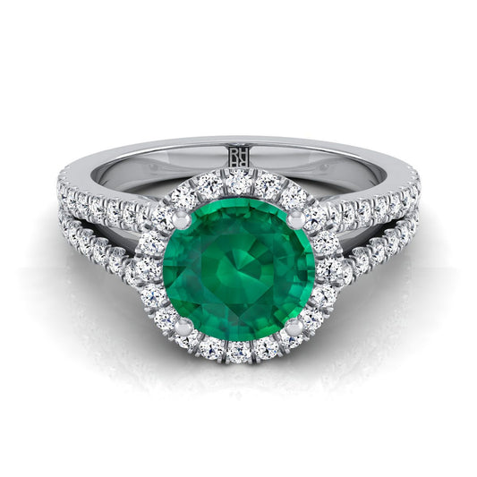 14K สีขาวทอง Round Brilliant Emerald Halo Center พร้อมแหวนหมั้น French Pave Split Shank -3/8ctw