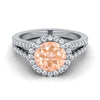 18K White Gold Round Brilliant Morganite Halo Center with French Pave Split Shank Engagement Ring -3/8ctw