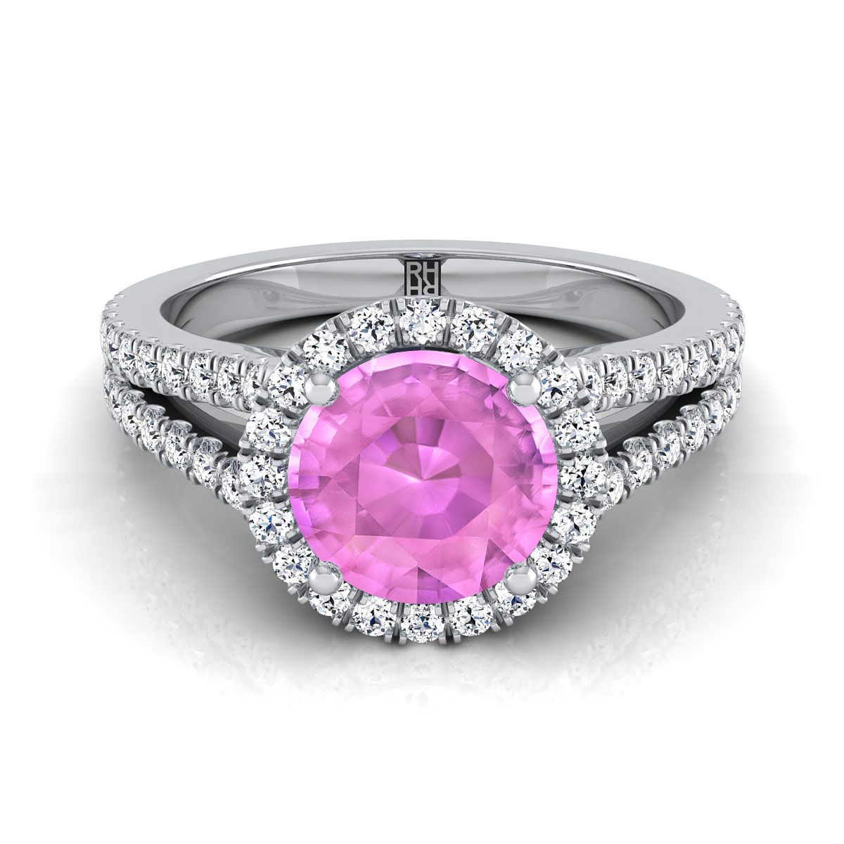 14K สีขาวทอง Round Brilliant Pink Sapphire Halo Center พร้อมแหวนหมั้น French Pave Split Shank -3/8ctw