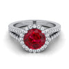 14K White Gold Round Brilliant Ruby Halo Center with French Pave Split Shank Engagement Ring -3/8ctw