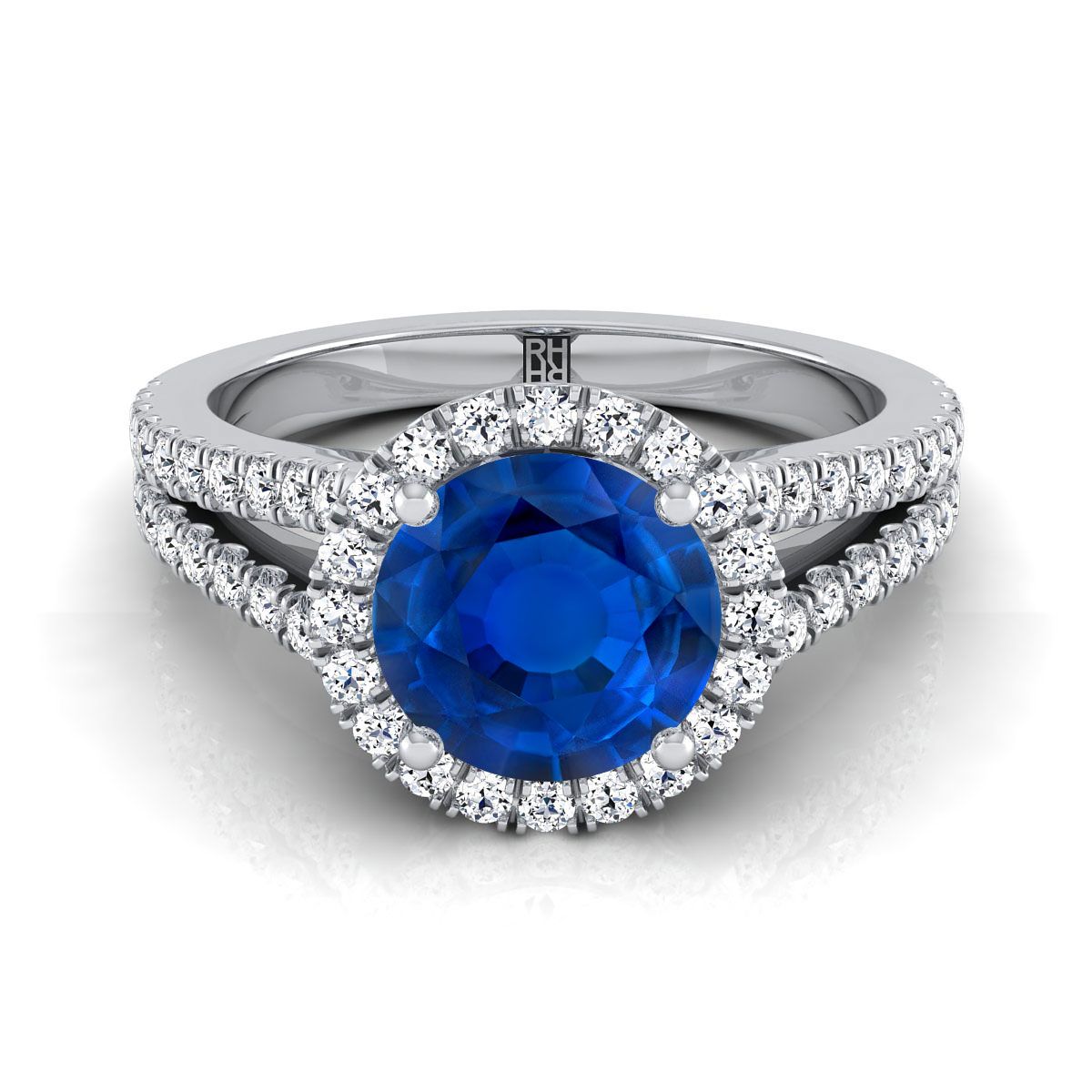 18K สีขาวทอง Round Brilliant Sapphire Halo Center พร้อมแหวนหมั้น French Pave Split Shank -3/8ctw