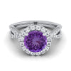 18K White Gold Round Brilliant Amethyst  Twisted Scalloped Pavé Diamonds Halo Engagement Ring -1/2ctw