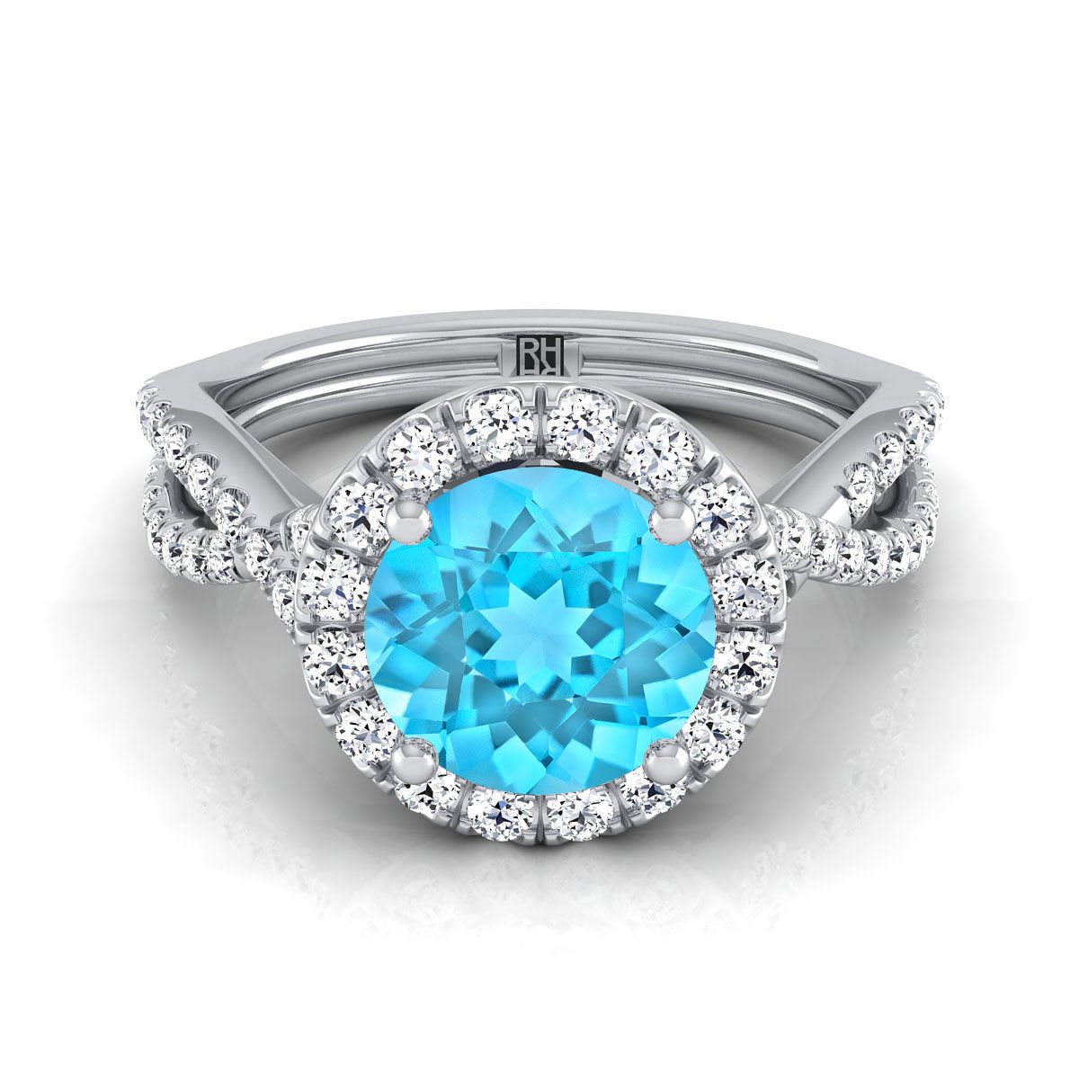 14K White Gold Round Brilliant Swiss Blue Topaz  Twisted Scalloped Pavé Diamonds Halo Engagement Ring -1/2ctw