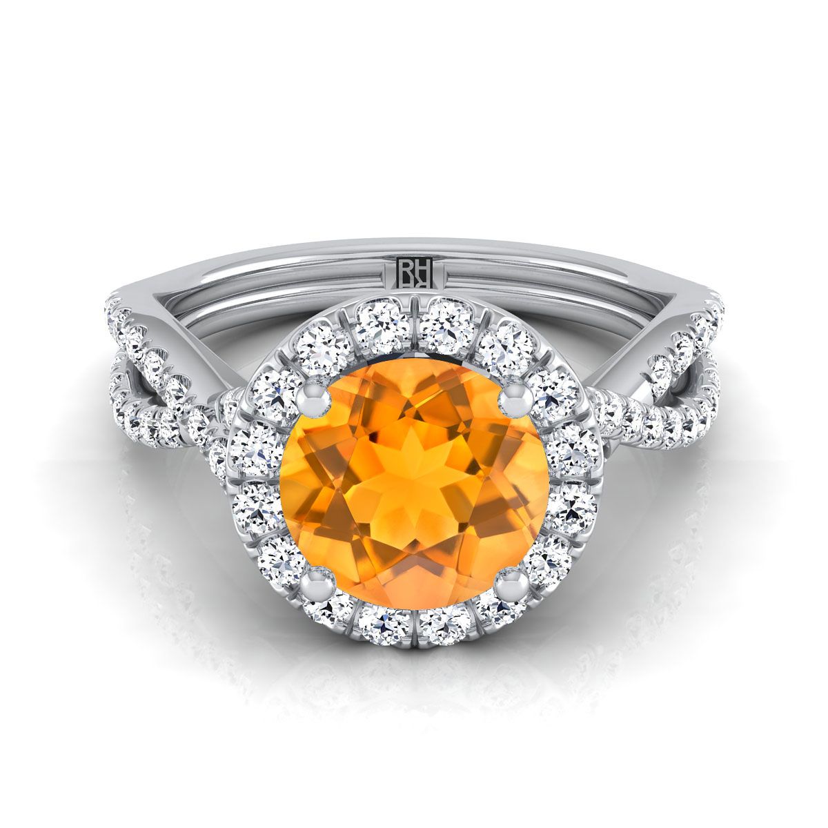 แพลตตินัมทรงกลมบริลเลียนท์ซิทริน Twisted Scalloped Pavé Diamonds แหวนหมั้น Halo -1/2ctw