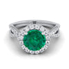 14K ทองคำขาวรอบ Brilliant Emerald Twisted Scalloped Pavé Diamonds แหวนหมั้น Halo -1/2ctw