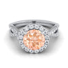 18K ทองคำขาว Round Brilliant Morganite Twisted Scalloped Pavé Diamonds แหวนหมั้น Halo -1/2ctw