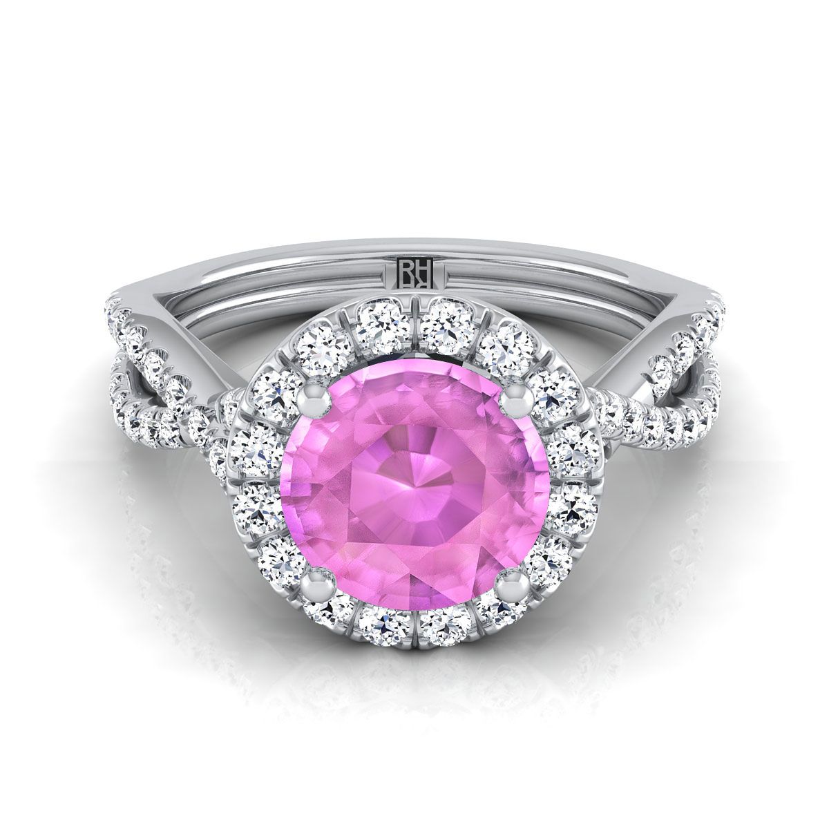 14K White Gold Round Brilliant Pink Sapphire Twisted Scalloped Pavé Diamonds แหวนหมั้น Halo -1/2ctw