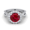 14K White Gold Round Brilliant Ruby Twisted Scalloped Pavé Diamonds แหวนหมั้น Halo -1/2ctw