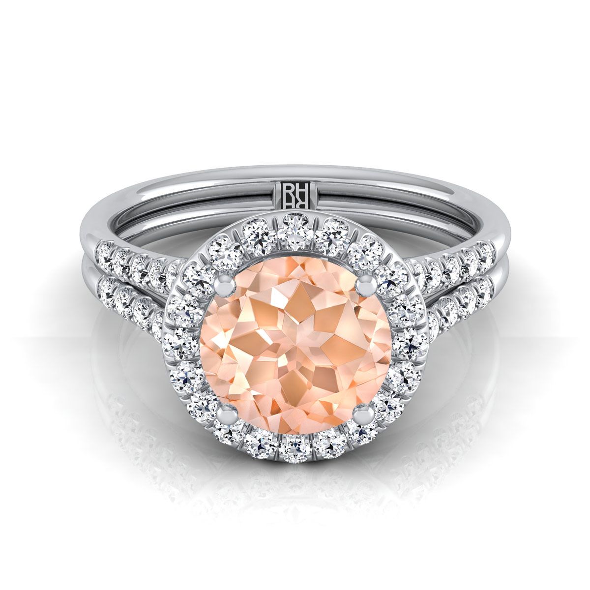 14K White Gold Round Brilliant French Pave Split Shank Halo Engagement Ring -3/8ctw