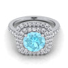 ทองคำขาว 14K ทรงกลม Aquamarine รัศมีคู่พร้อมแหวนหมั้นเพชร Pavé แบบสแกลลอป -1/2ctw