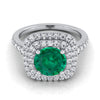 18K White Gold Round Brilliant Emerald Double Halo with Scalloped Pavé Diamond Engagement Ring -1/2ctw