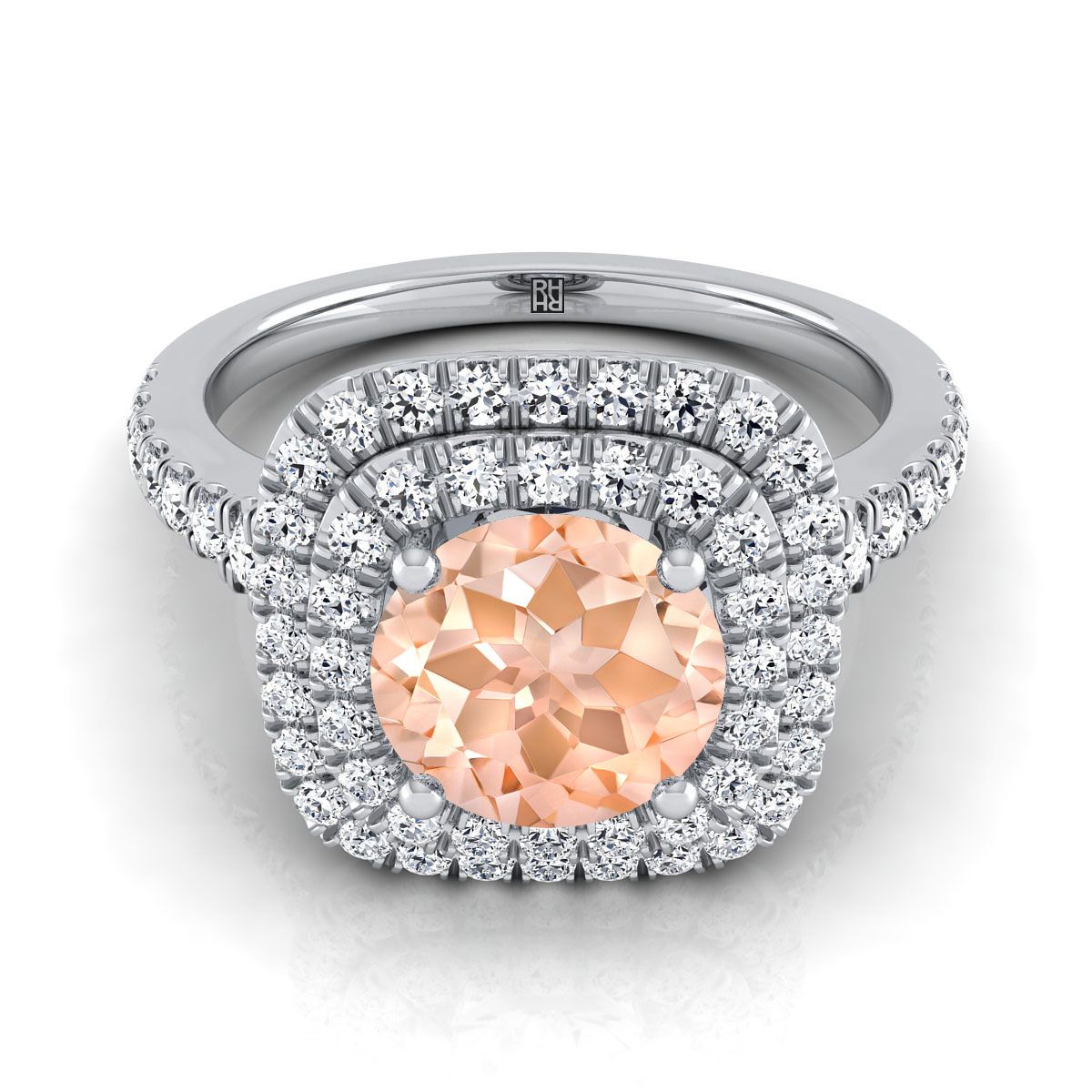 แพลตตินัมทรงกลม Brilliant Morganite Double Halo พร้อมแหวนหมั้นเพชรสแกลลอปพาเว่ -1/2ctw