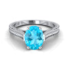 14K White Gold Oval Swiss Blue Topaz แกะสลักด้วยมือสไตล์วินเทจ Cathedral แหวนหมั้นเล่นไพ่คนเดียว