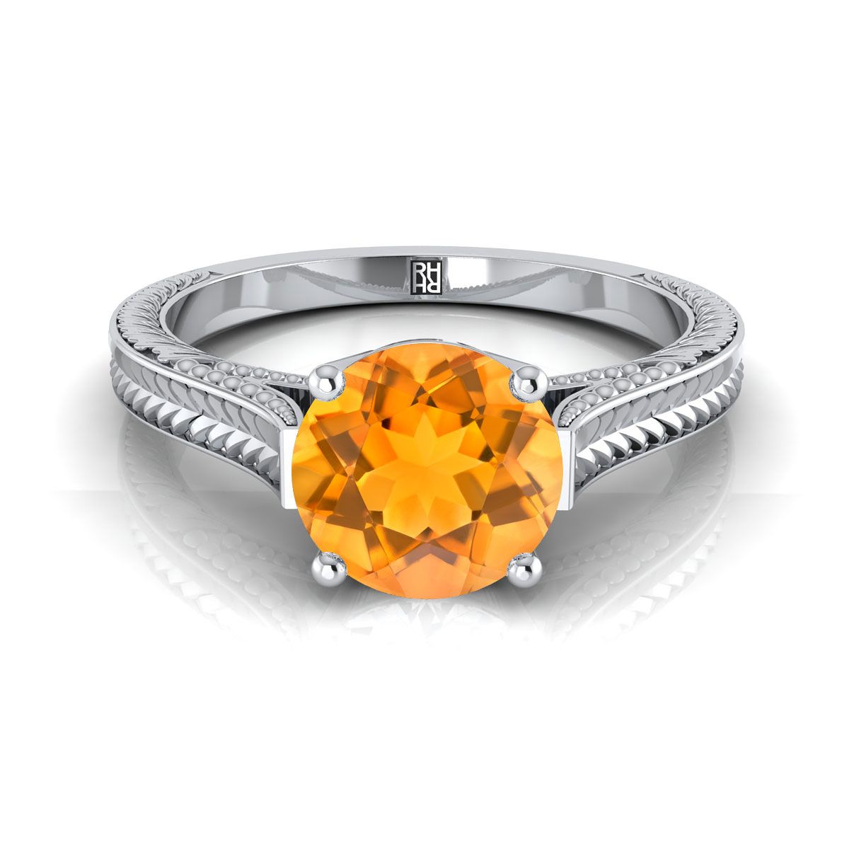 14K White Gold Round Brilliant Citrine มือแกะสลักแหวนหมั้น Solitaire สไตล์วินเทจ