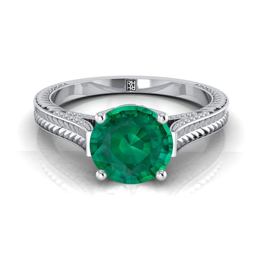 18K White Gold Round Brilliant Emerald Hand แกะสลักแหวนหมั้นสไตล์วินเทจสไตล์มหาวิหาร