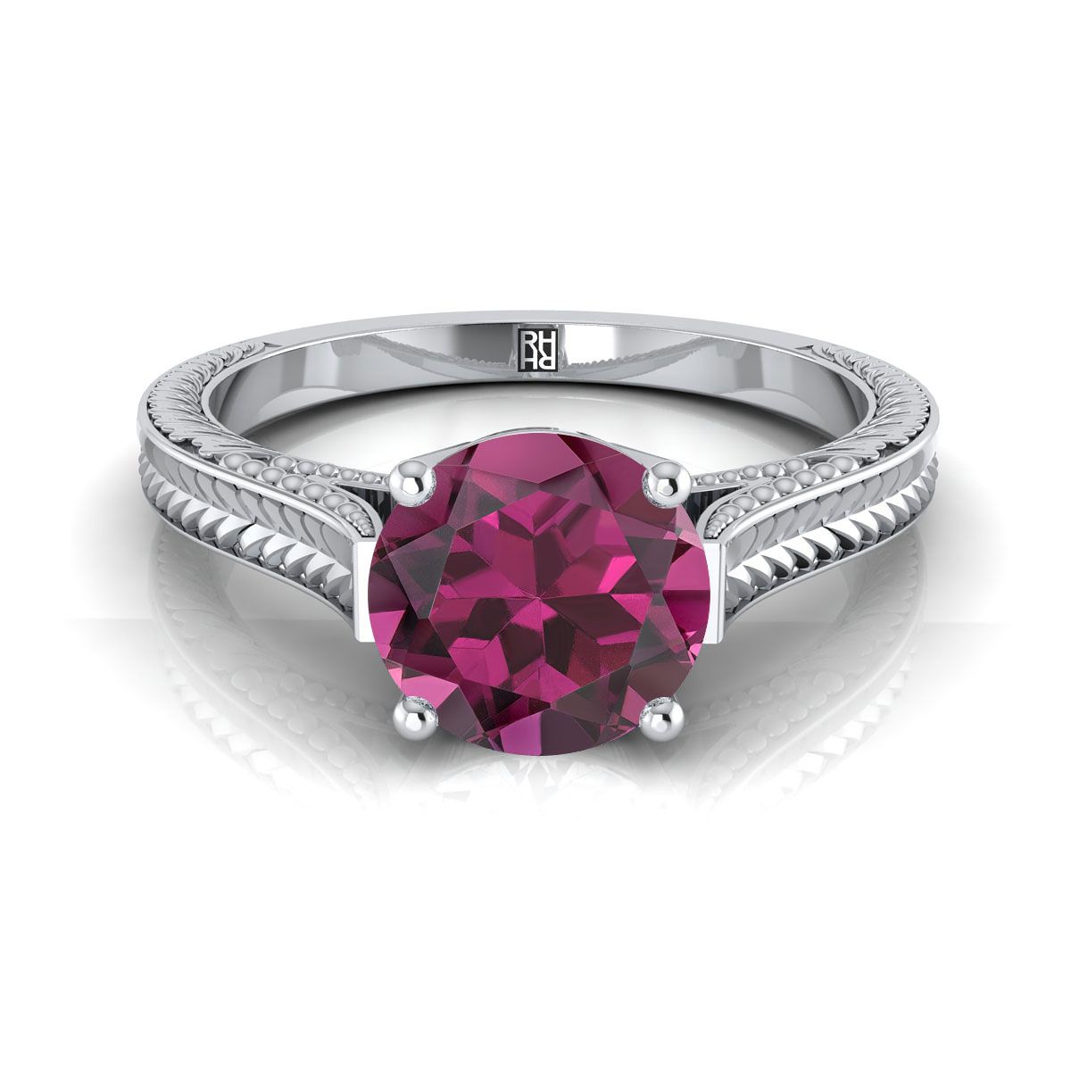 14K White Gold Round Brilliant Garnet มือแกะสลักสไตล์วินเทจ Cathedral Solitaire แหวนหมั้น