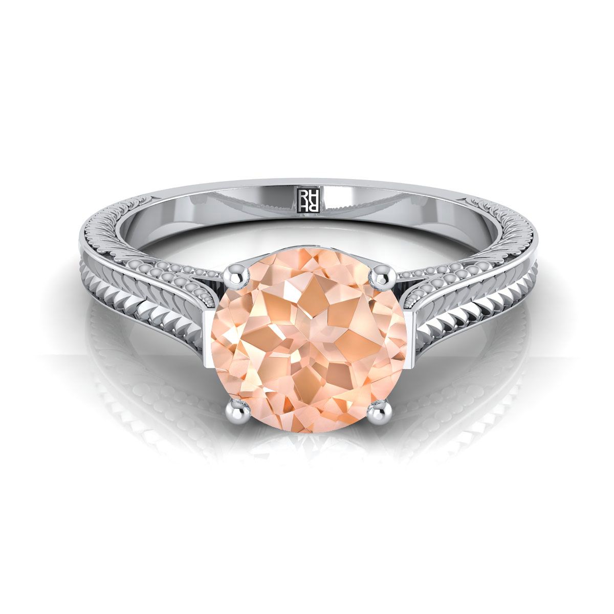 18K ทองคำขาวรอบ Brilliant Morganite มือแกะสลักแหวนหมั้นเล่นไพ่คนเดียวสไตล์วินเทจสไตล์อาสนวิหาร