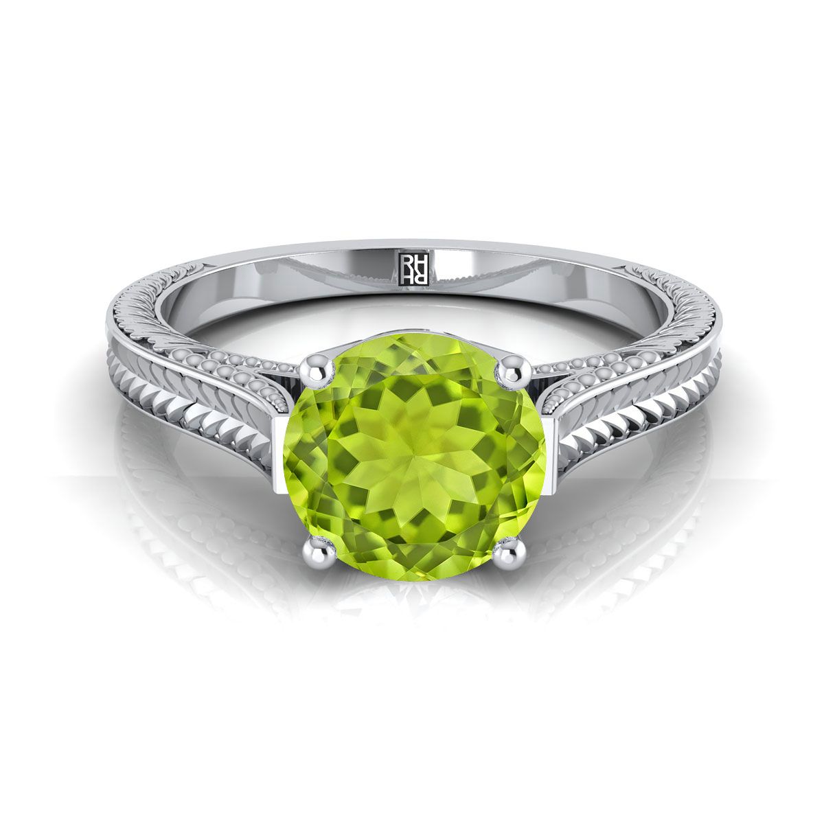 14K White Gold Round Brilliant Peridot Hand Engraved Vintage Cathedral Style Solitaire Engagement Ring