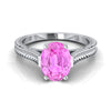 แหวนหมั้นเพชร 14K White Gold Oval Pink Sapphire มือแกะสลักสไตล์อาสนวิหารสไตล์วินเทจ