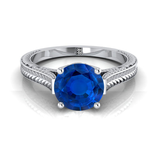 18K White Gold Round Brilliant Sapphire มือแกะสลักแหวนหมั้น Solitaire สไตล์วินเทจ