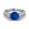 18K White Gold Round Brilliant Sapphire มือแกะสลักแหวนหมั้น Solitaire สไตล์วินเทจ