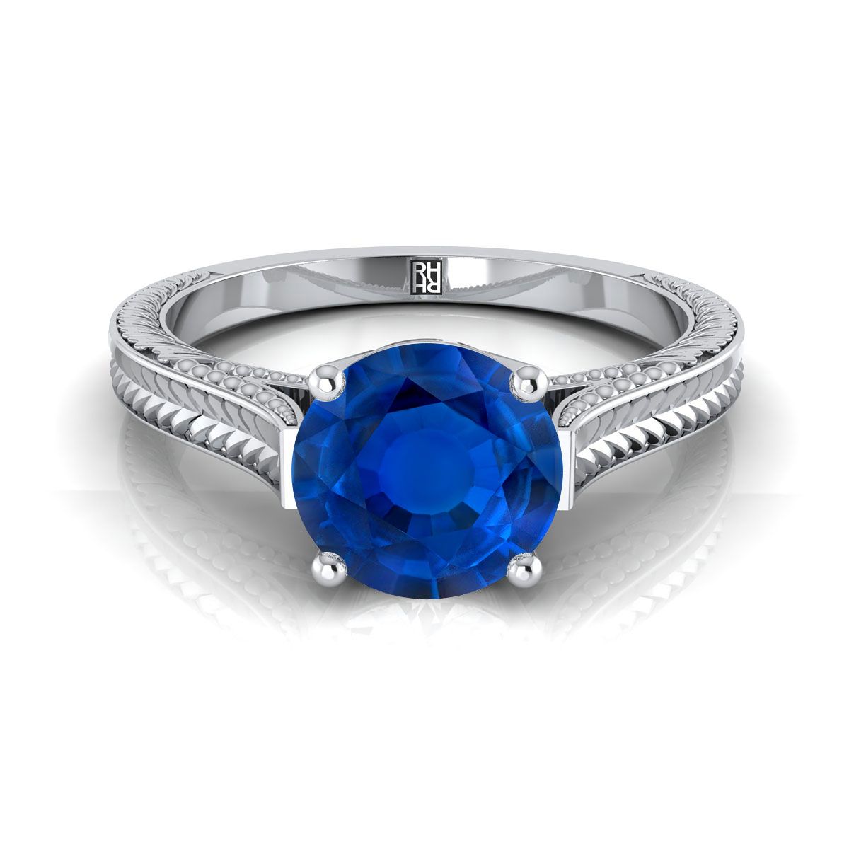 14K White Gold Round Brilliant Sapphire มือแกะสลักสไตล์วินเทจ Cathedral แหวนหมั้น Solitaire