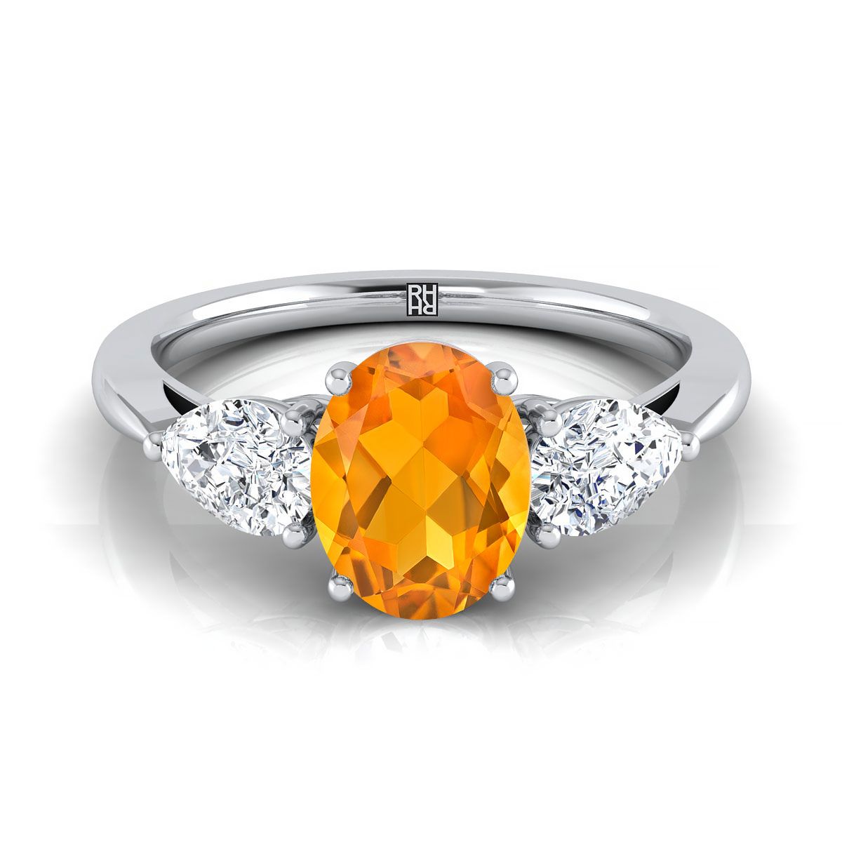 Platinum Oval Citrine Perfectly Matched Pear Shaped Three Diamond Engagement Ring -7/8ctw