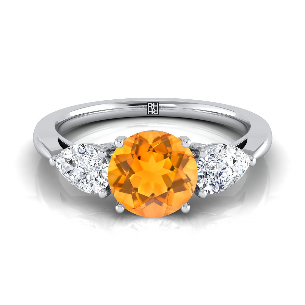 Platinum Round Brilliant Citrine Perfectly Matched Pear Shaped Three Diamond Engagement Ring -7/8ctw