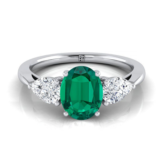 14K White Gold Oval Emerald Perfectly Matched Pear Shaped Three Diamond Engagement Ring -7/8ctw