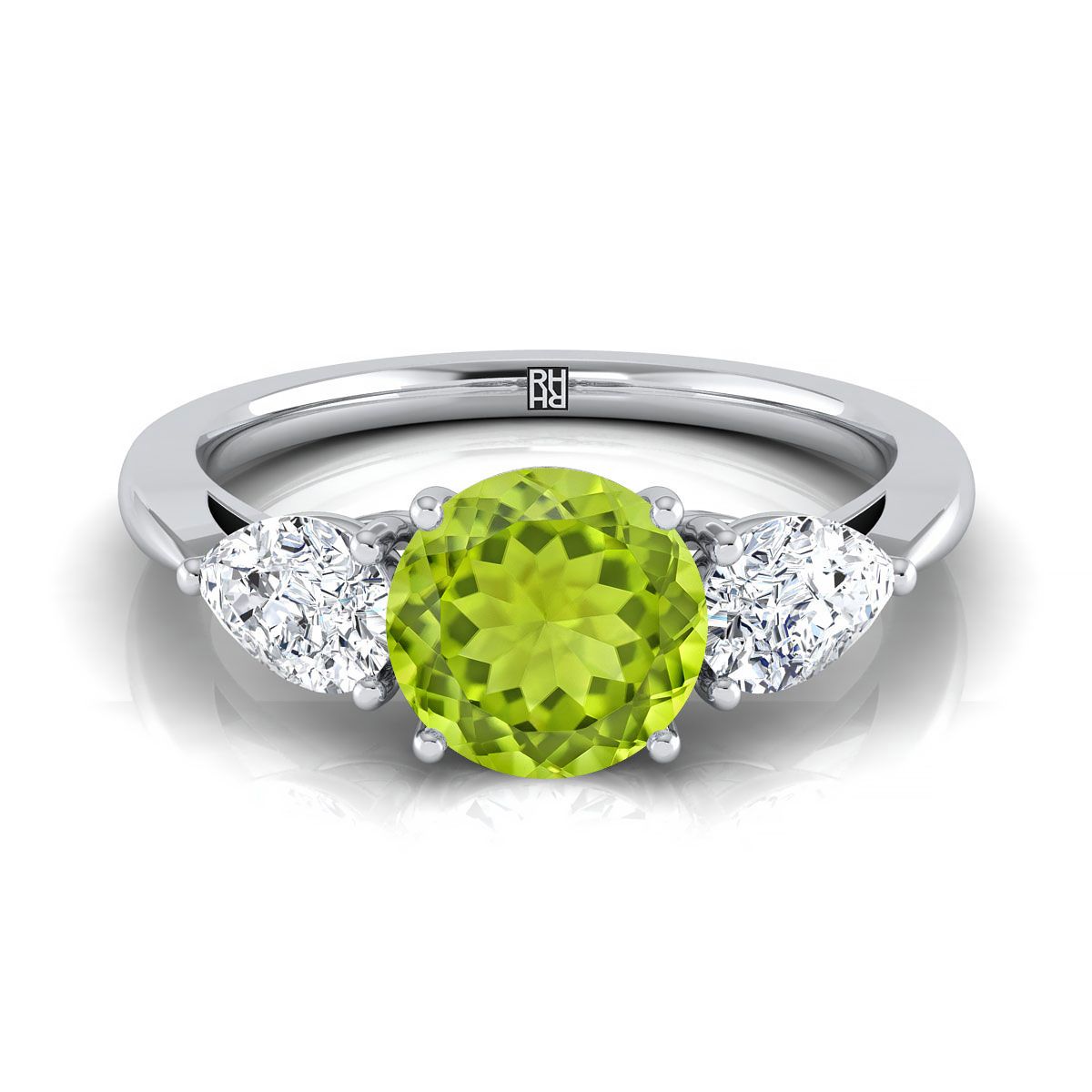 14K White Gold Round Brilliant Peridot จับคู่อย่างสมบูรณ์แบบรูปลูกแพร์แหวนหมั้นเพชรสาม -7/8ctw