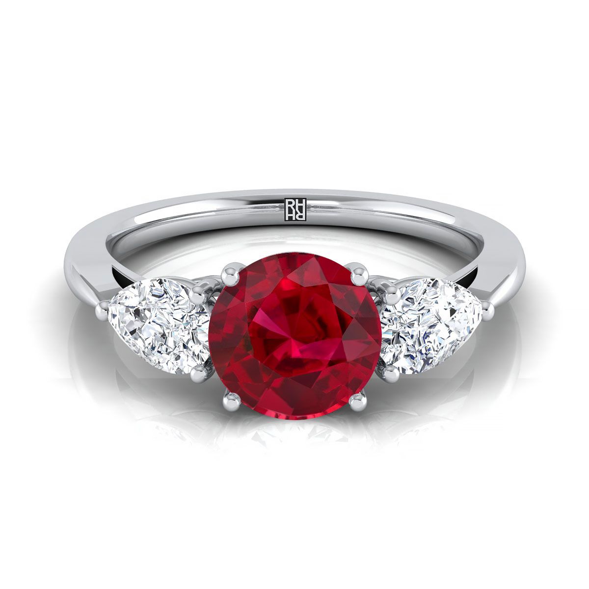 Platinum Round Brilliant Ruby Perfectly Matched Pear Shaped Three Diamond Engagement Ring -7/8ctw