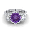 14K สีขาวทอง Round Brilliant Amethyst French Pave เพชรสามแหวนหมั้น -1/2ctw